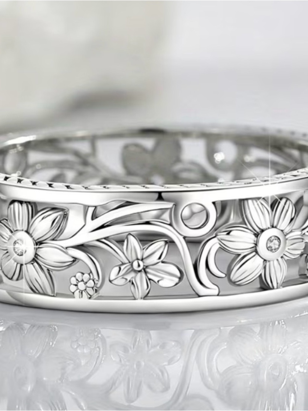 Floral Filigree Silver Women's Band Ring